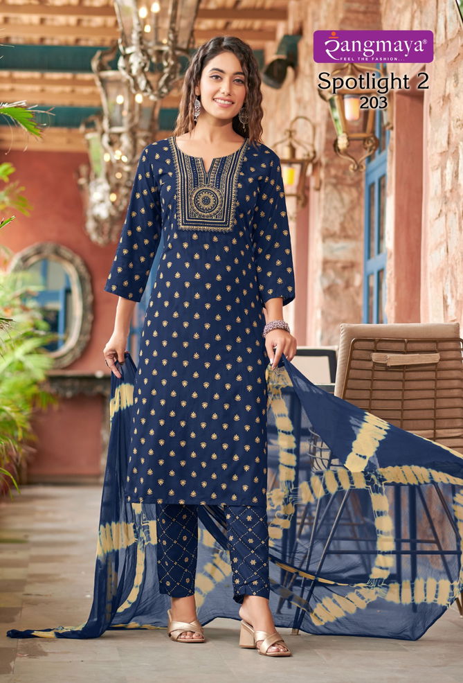 Spotlight Vol 2 By Rangmaya Rayon Printed Kurti With Bottom Dupatta Wholesale Price In Surat
